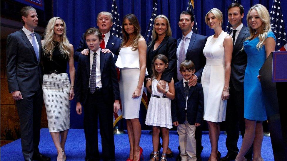 Donald Trump poses with his family after announcing his campaign for 2016 Republican presidential nomination. June 2015.