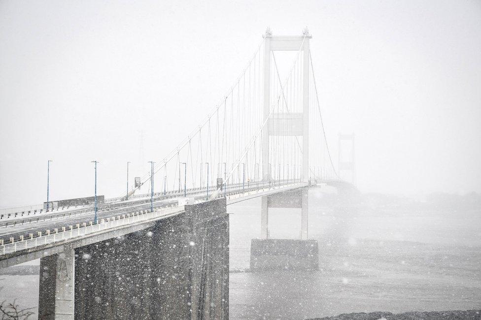 The Severn Bridge in the snow