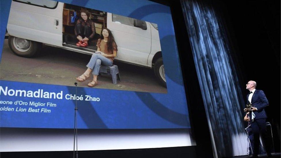 Frances McDormand (left) and Chloé Zhao (centre) accepted the Golden Lion prize via Zoom from California