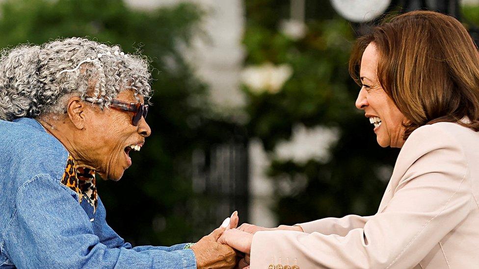 U.S. Vice President Kamala Harris greets activist Opal Lee as they attend a Juneteenth concert at the White House in Washington