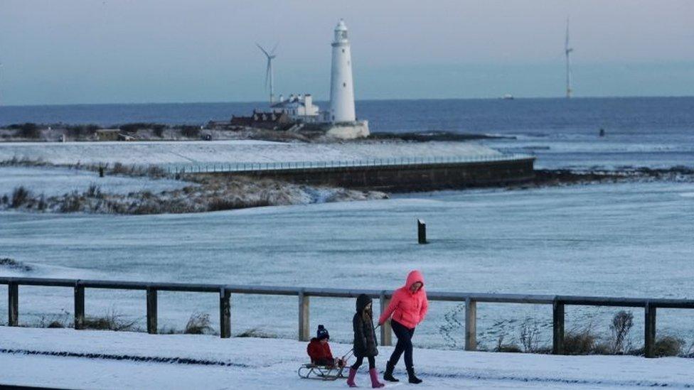 Snow on the coast at Whitley Bay, Tyne and Wear