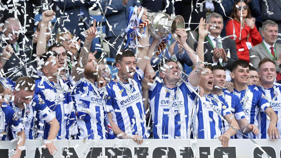 The big blue and white party begins as Coleraine lift the Irish Cup for the sixth time in their history