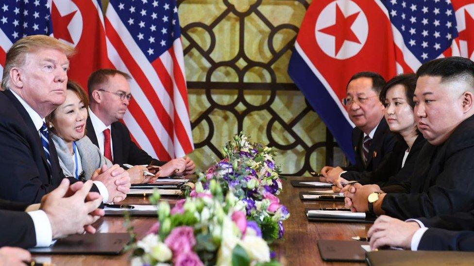 US President Donald Trump (L) and North Korea's leader Kim Jong Un (R) hold a bilateral meeting during the second US-North Korea summit at the Sofitel Legend Metropole hotel in Hanoi on February 28, 2019.