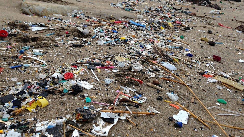 Plastic rubbish washed up on a Cornish beach