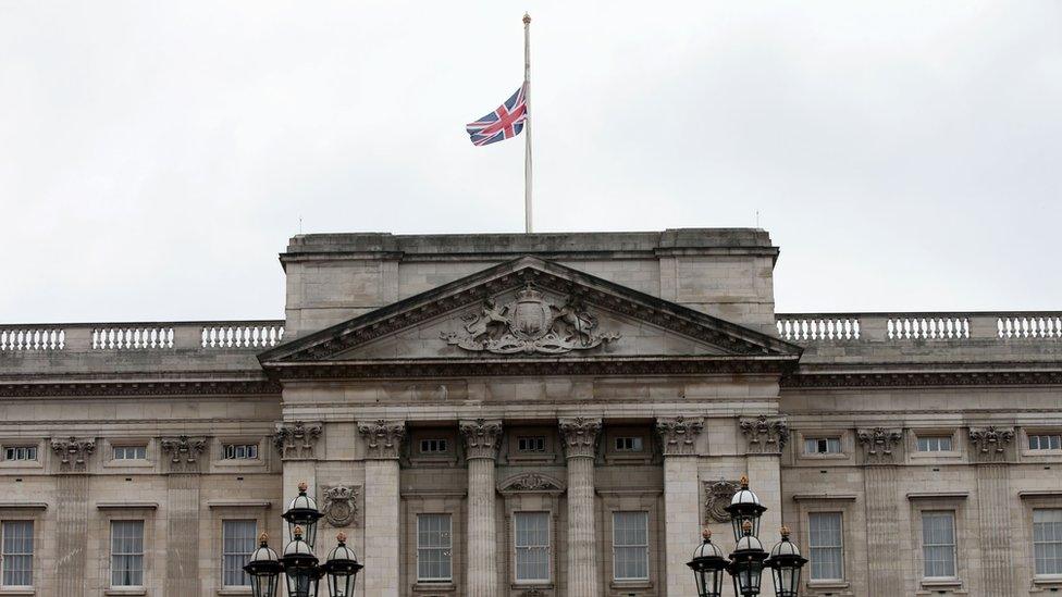 The union flag at half mast at Buckingham Palace