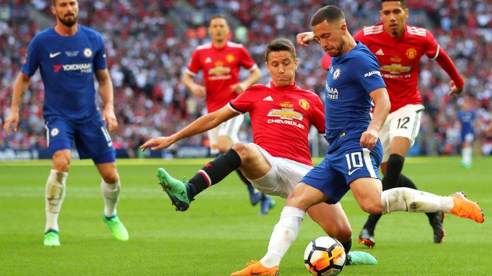 Ander Herrera of Manchester United and Eden Hazard of Chelsea battle for possession during The Emirates FA Cup Final between Chelsea and Manchester United at Wembley Stadium on May 19, 2018 in London, England.