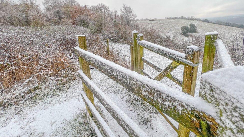 Snow settles on top of gates and fields