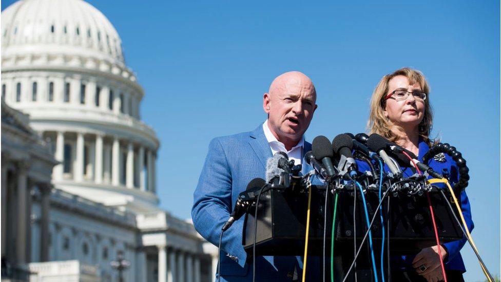 Former Congresswoman Gabrielle Giffords, D-Ariz., and her husband retired NASA astronaut Captain Mark Kelly hold a news conference at the U.S. Capitol on Monday, Oct. 2, 2017, to respond to last nights tragic mass shooting in Las Vegas, NV. They are the Co-Founders of Americans for Responsible Solutions.