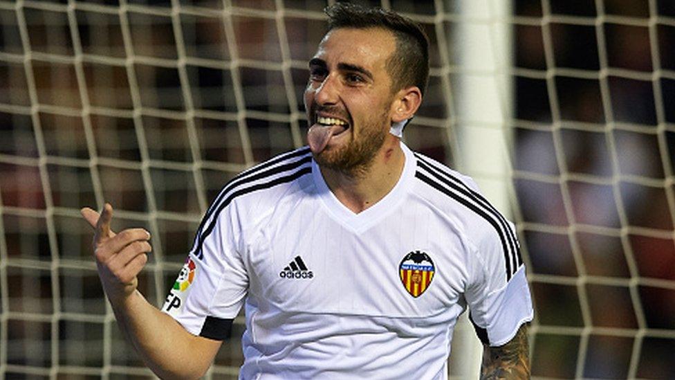 Valencia striker Paco Alcacer celebrates scoring a goal