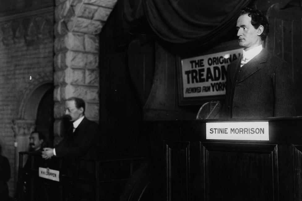 A waxwork model in Madame Tussaud's Chamber of Horrors of Stinie Morrison, convicted for the murder of Leon Beron, whose body was found on Clapham Common with the letter 'S' slashed on each side of his face - 1911