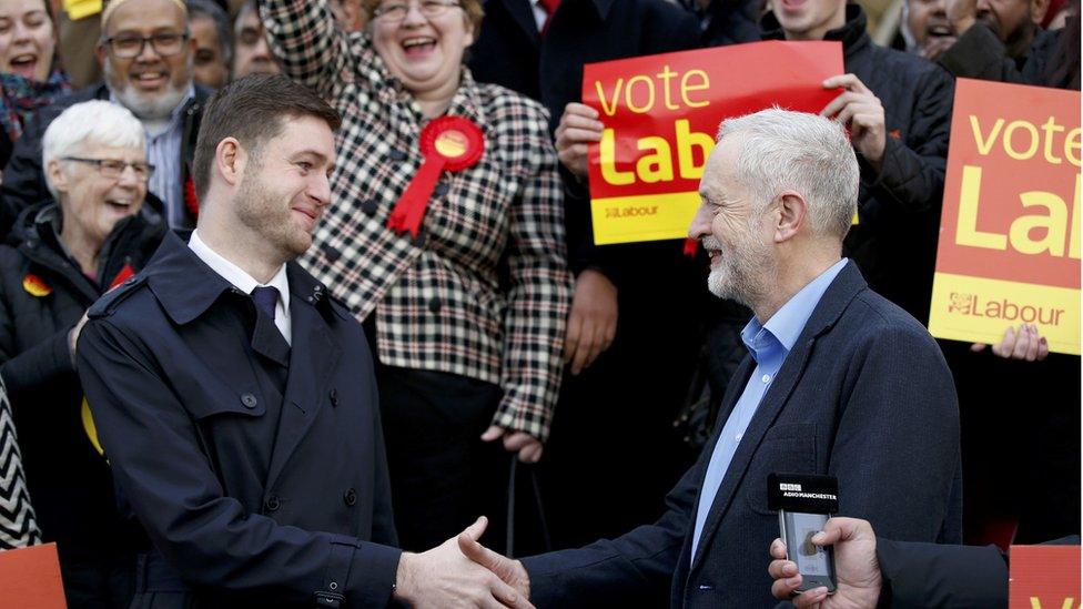 Jim McMahon and Jeremy Corbyn shake hands in front of Labour supporters