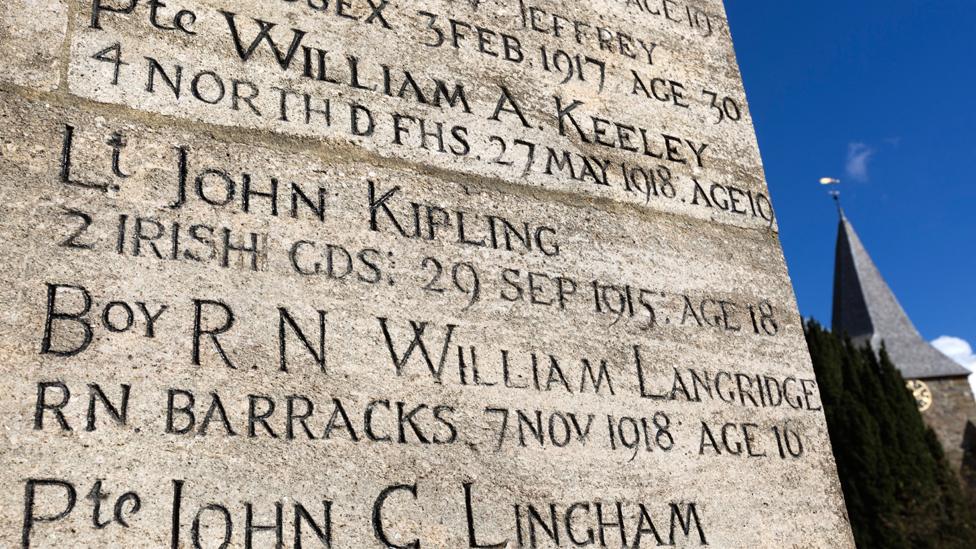 War memorial with name of Lt John Kipling, son of Rudyard Kipling, Burwash, East Sussex