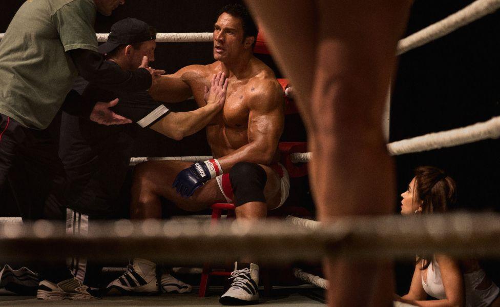 Dwayne Johnson seen in The Smashing Machine as Mark Kerr, pictured in the boxing ring