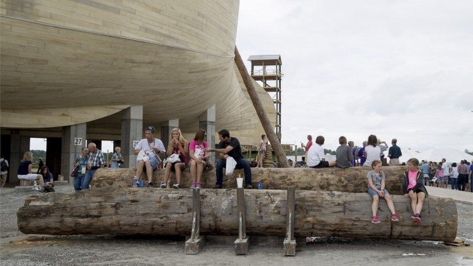 Patrons wait for tours outside the Ark Encounter in Kentucky.