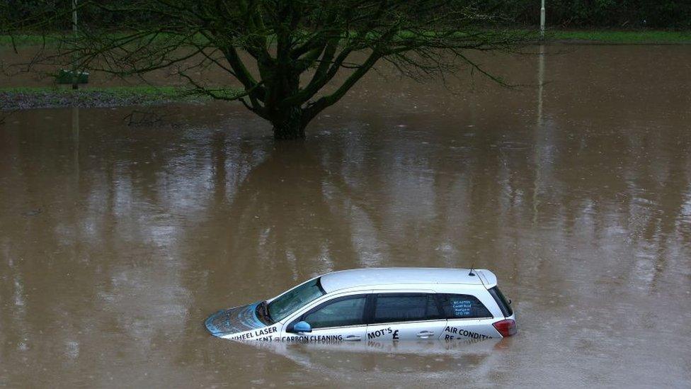 Submerged car at Nantgarw following Storm Dennis