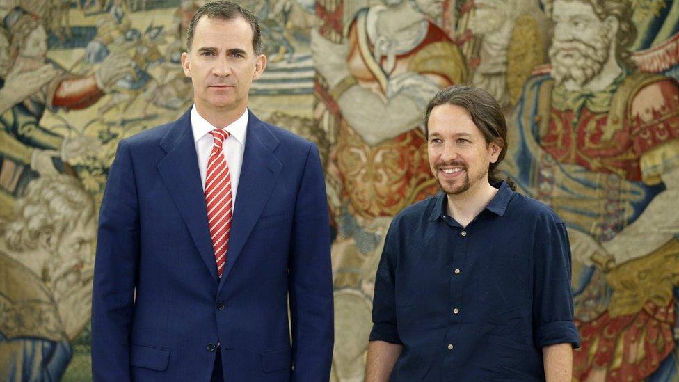 Spanish King Felipe VI with Pablo Iglesias, Podemos Party leader