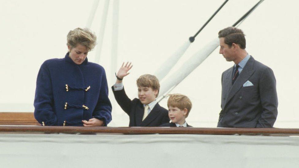 Prince William, Prince Harry and Prince Charles wave from the deck of the Royal Yacht 'Britannia' as she leaves Toronto, after an official visit to Canada,