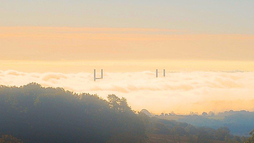 The Second Severn Crossing surrounding by clouds taken from Shirenewton, Monmouthshire