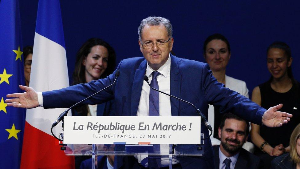 French Minister of Territorial Cohesion Richard Ferrand delivers a speech during a campaign meeting for the 90 La Republique en Marche (REM) party candidates in the Ile-de-France region for the upcoming legislative elections, on May 23, 2017, in Aubervilliers, near Paris.