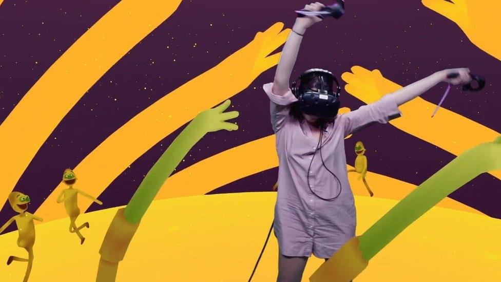 Woman wearing VR headset dancing with animations