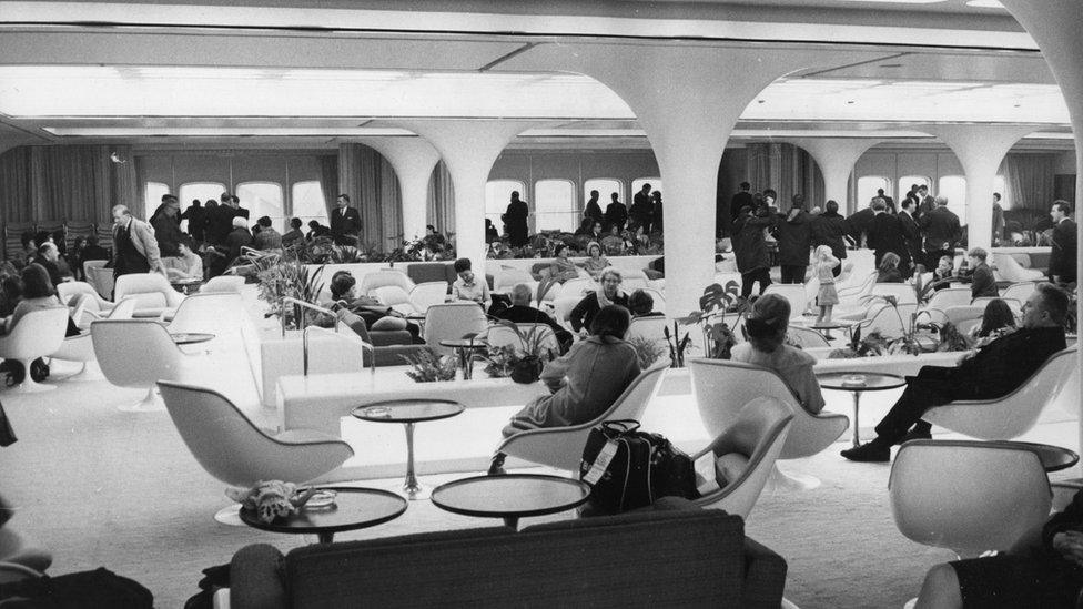 The interior of the "Queen's Room" on the QE2 liner