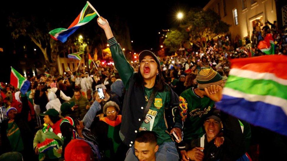 South Africa fans watch New Zealand v South Africa - Cape Town, South Africa - October 28, 2023