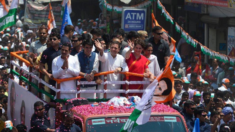 Congress Party Senior Leaders, Rahul Gandhi and Priyanka Gandhi clicked during a road show, in Amethi.