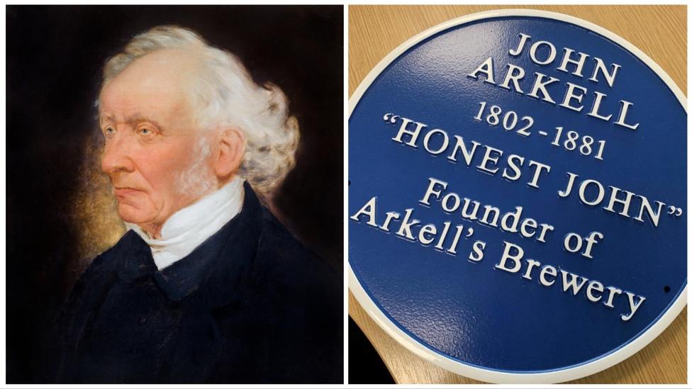 John Arkell and a photo of the blue plaque which reads: John Arkell - 1802-1881. Founder of Arkell's brewery