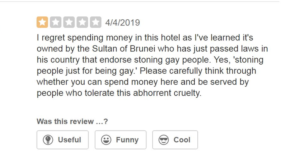 A Yelp review given one star. It reads: "I regret spending money in this hotel as I've learned it's owned by the Sultan of Brunei who has just passed laws in his country that endorse stoning gay people. Yes, stoning people just for being gay. Please carefully think through whether you can spend money here and be served by people who tolerate this abhorrent cruelty.