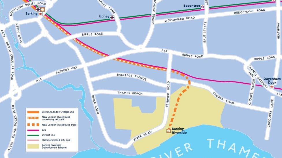 Barking Riverside station on a map of east London