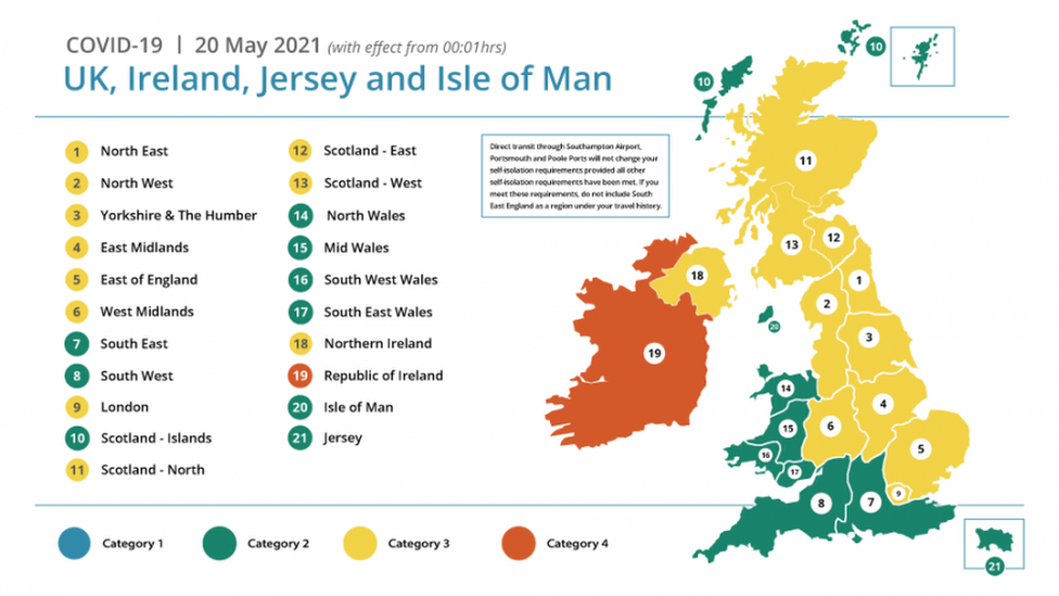 Map of the travel categories of the British Isles areas according to 14 day Covid-19 infection rate