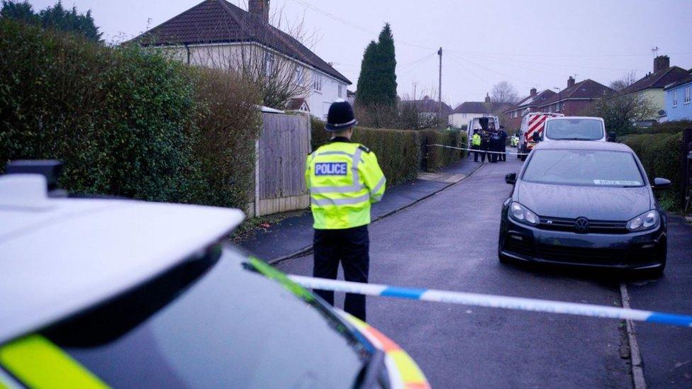 Police at the scene in Blaise Walk, in Sea Mills, Bristol