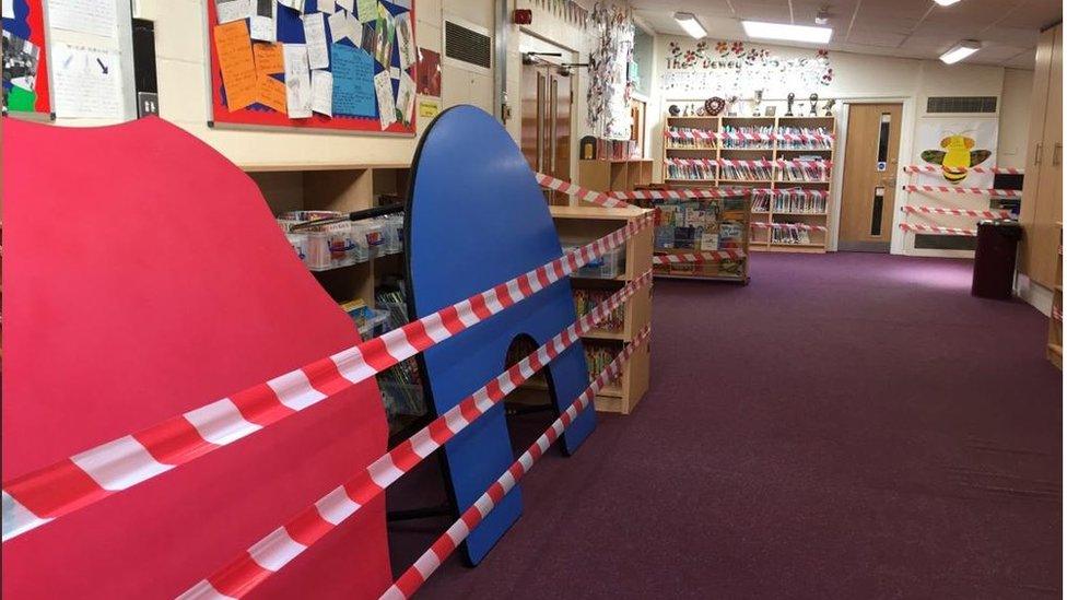 Taped off library books, St Margaret's C of E Primary School, Bury