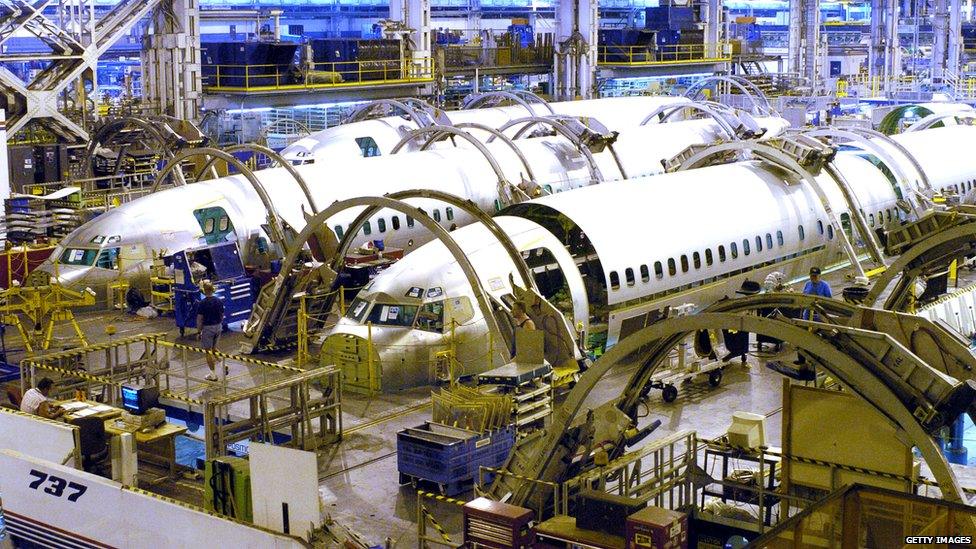 Three Boeing 737-800 fuselages sit in production at the Boeing Wichita plant