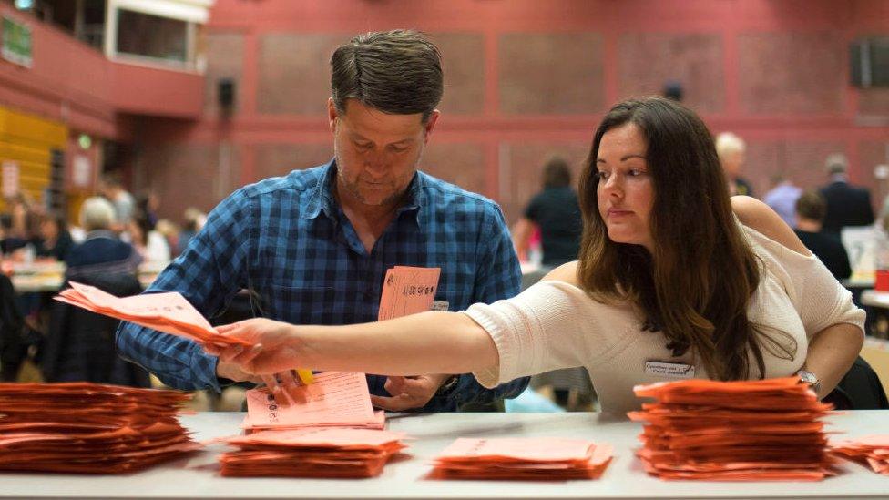 A man and woman count ballot papers in Cardiff in 2017