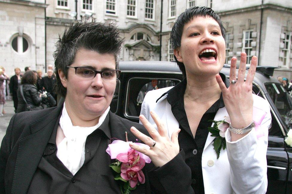 Grainne Close and Shannon Sickles show off their rings after their civil partnership in 2005