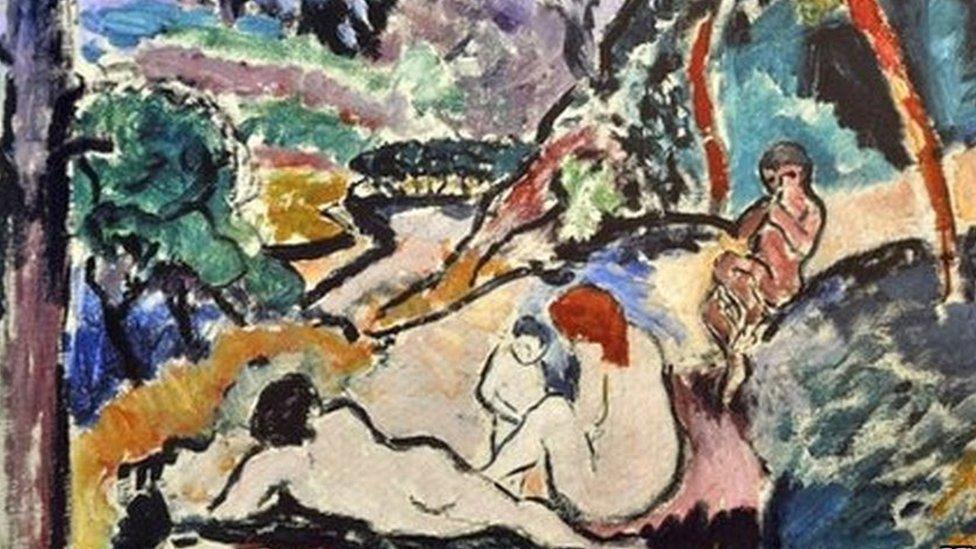 A reproduction of Pastorale, Nymphe et Faune painted by Henri Matisse in 1906