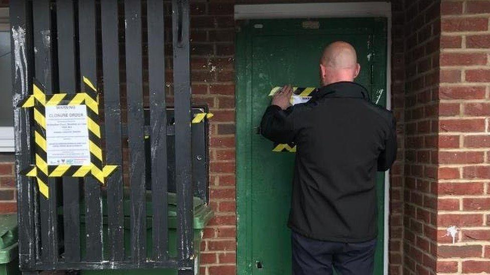 Signs being put up at Headlam Court in Tilery, Stockton