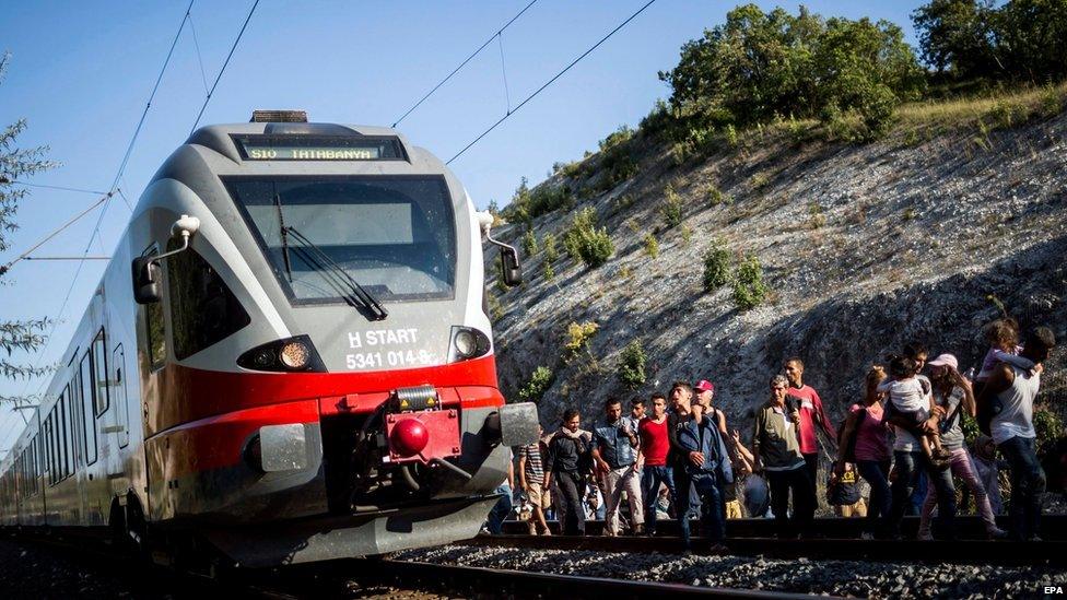 Migrants walk on the railway tracks near Bicske,