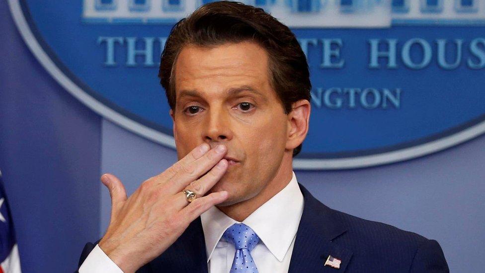 New White house Communications Director Anthony Scaramucci (R)), flanked by White House Press Secretary Sarah Sanders, blows a kiss to reporters after addressing the daily briefing at the White House in Washington, U.S. July 21, 2017