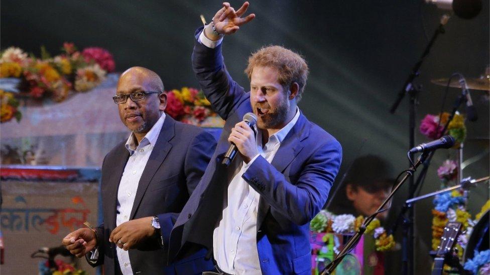 Prince Harry, with Prince Seeiso of Lesotho, speaks during the Sentebale Concert at Kensington Palace on June 28, 2016 in London, England