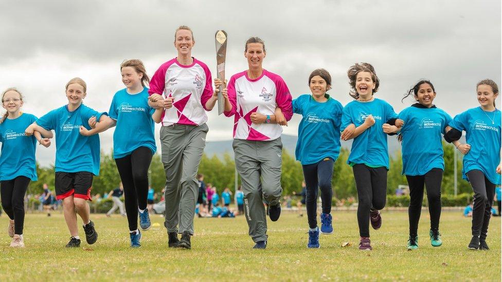 Team Scotland beach volleyball players Lynne Beattie and Mel Coutts with pupils from Leith Walk Primary and Forrester High School in Edinburgh