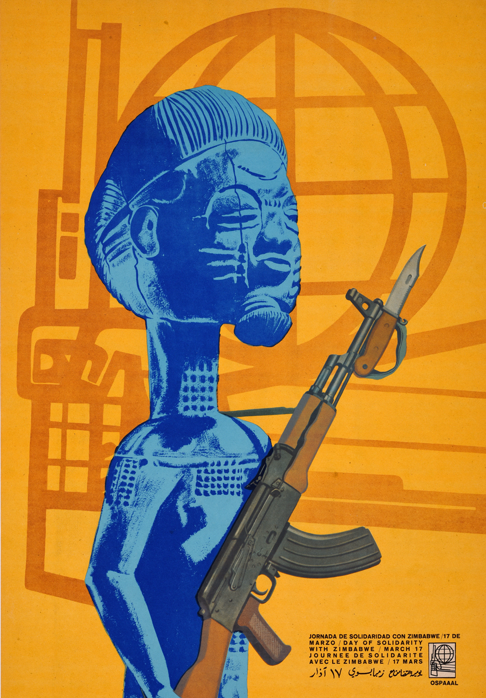 An Ospaaal poster entitled Day of Solidarity with Zimbabwe, 1969. showing a statue holding a gun