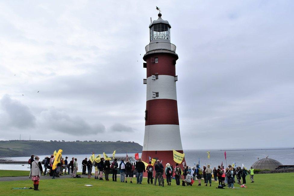 Protesters outside Smeaton's Tower, Plymouth