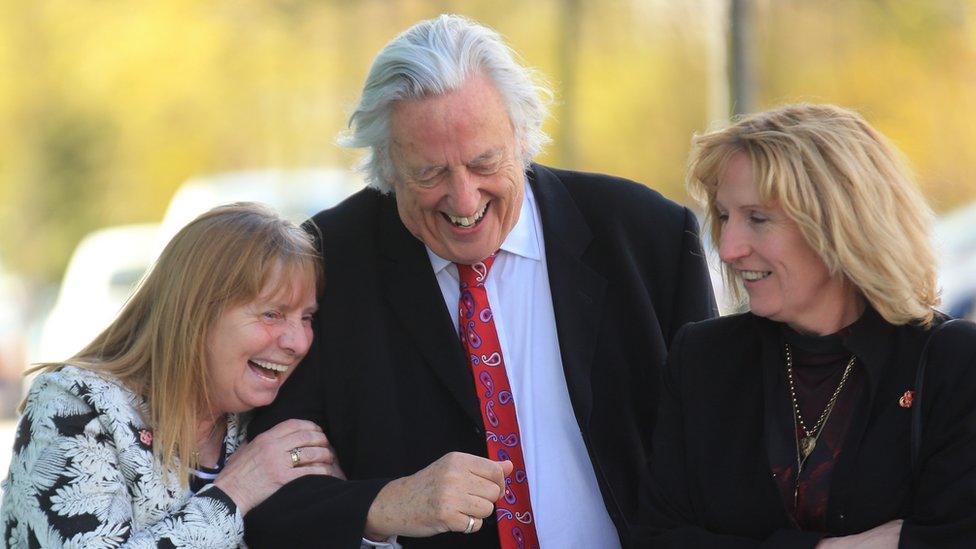 Margaret Aspinall of the Hillsborough Family Support Group, Michael Mansfield QC and Sue Roberts smile outside the Birchwood Park after hearing the conclusions of the Hillsborough inquest on April 26, 2016