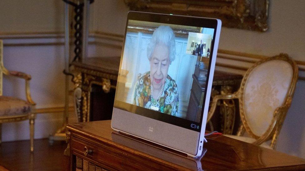 The Queen on a computer screen during a video call