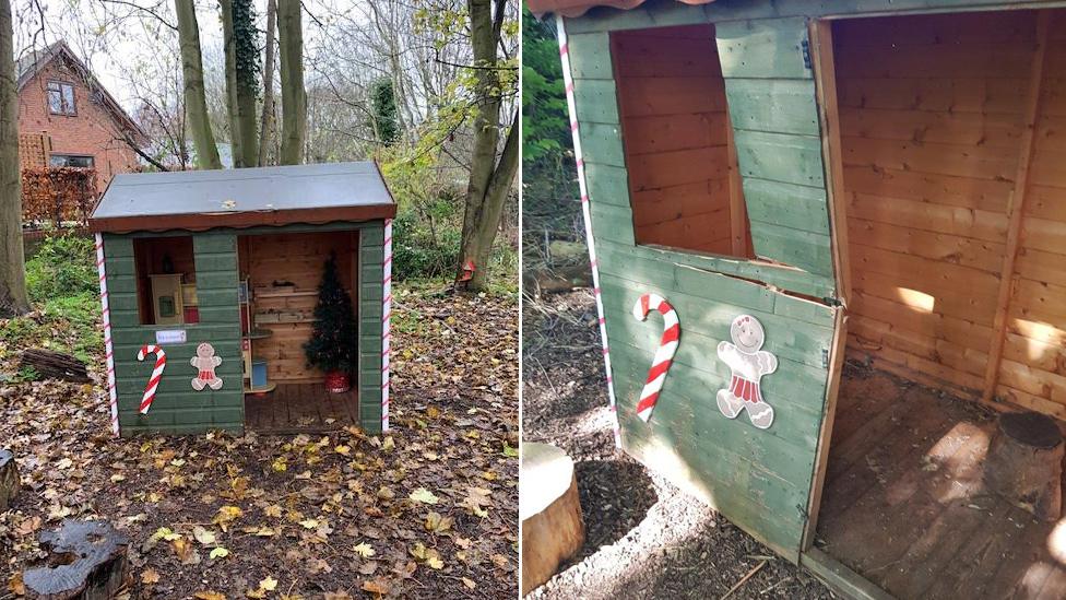 Repaired and damaged playhouse