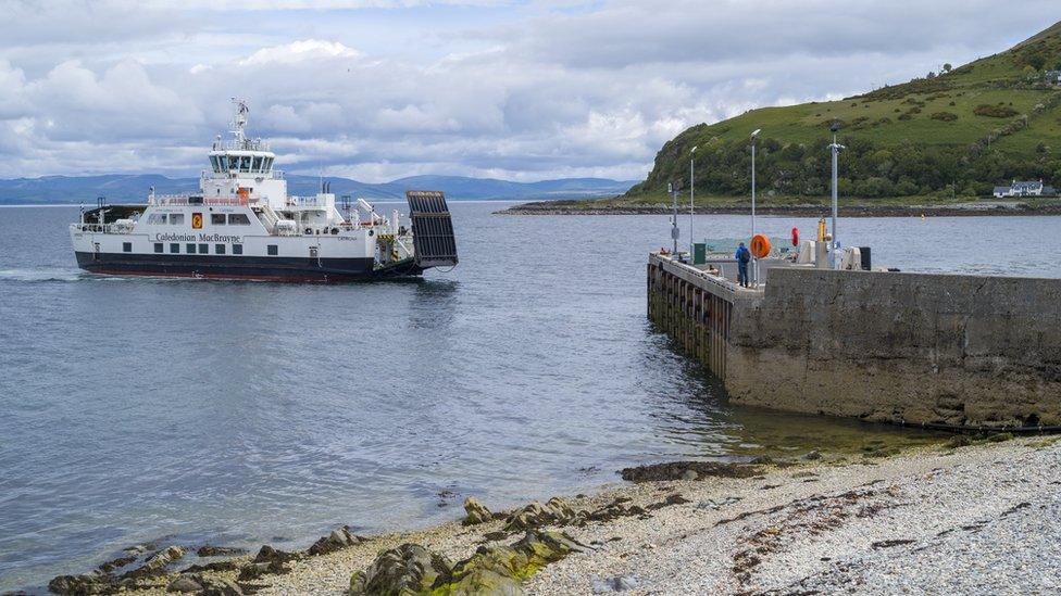 Calmac car ferry - Caledonian MacBrayne vehicle ferries - arriving at Lochranza Ferry Port, Isle of Arran, Scotland.