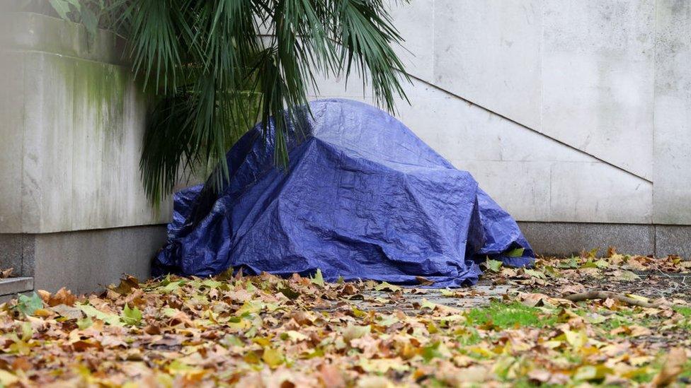 Purple makeshift tent