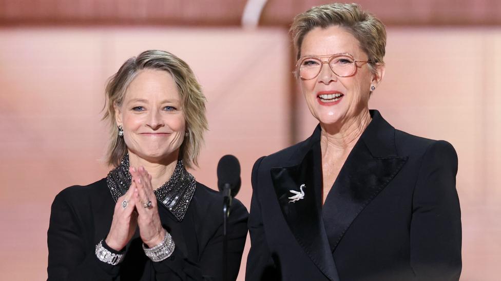 Jodie Foster and Annette Bening at the 81st Golden Globe Awards held at the Beverly Hilton Hotel on January 7, 2024 in Beverly Hills, California.